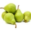Five green pears with brown stems on a white background.