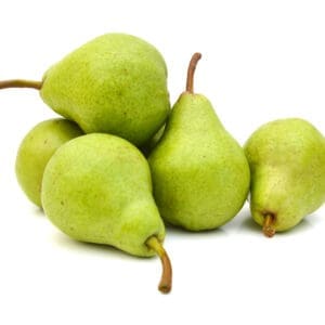 Five green pears with brown stems on a white background.
