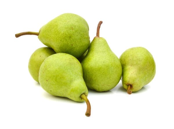 Five green pears with brown stems on a white background.