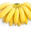 Ripe yellow bananas in a fan shape on a white background.