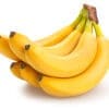Ripe yellow bananas with curved shape and intact stems on a white background.