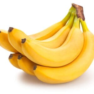 Ripe yellow bananas with curved shape and intact stems on a white background.