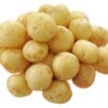 Pile of unpeeled light brown potatoes on a white background.