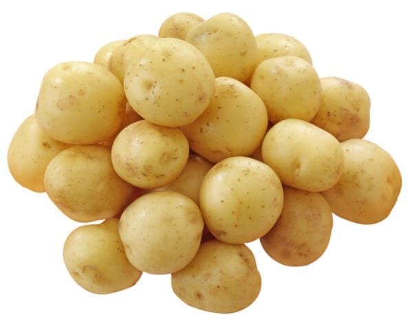 Pile of unpeeled light brown potatoes on a white background.