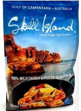 Skull Island Tiger Prawns package, 500g, wild caught in Gulf of Carpentaria, Australia.