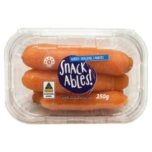 Clear container of "Snack Ables" carrots, 250g, with Australian grown sticker.