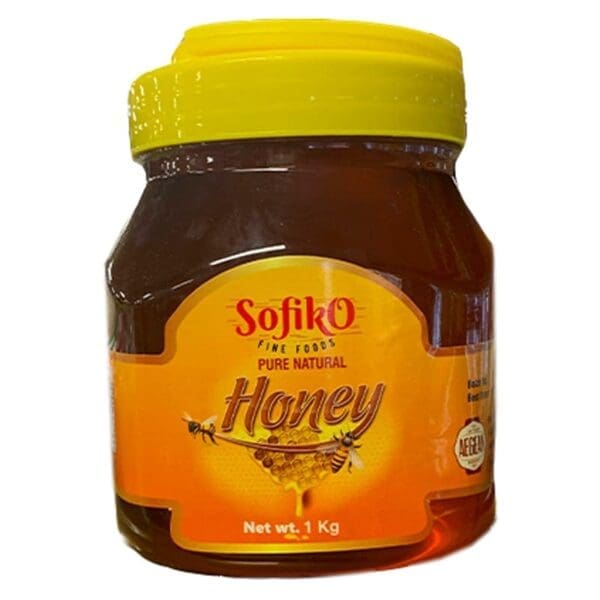 Jar of Sofiko Fine Foods natural honey with yellow label and 1 kg net weight.