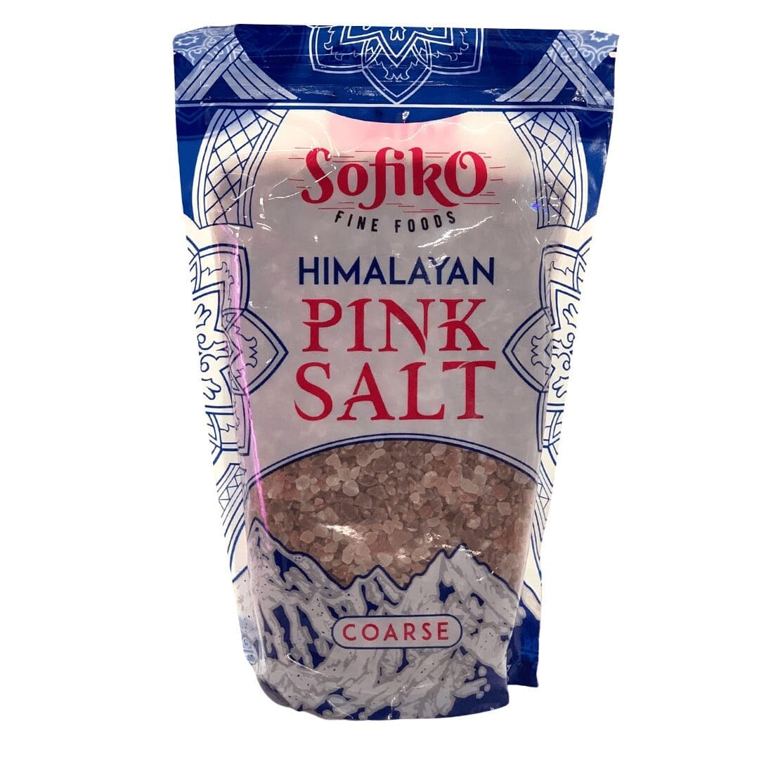 Sofiko Fine Foods Himalayan Pink Salt package with coarse grains, blue and white design.