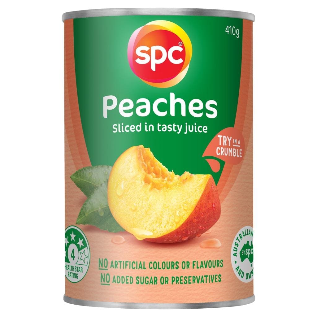 SPC Peaches can, sliced in juice, no sugar, 410g, 4-star health rating, try in crumble.