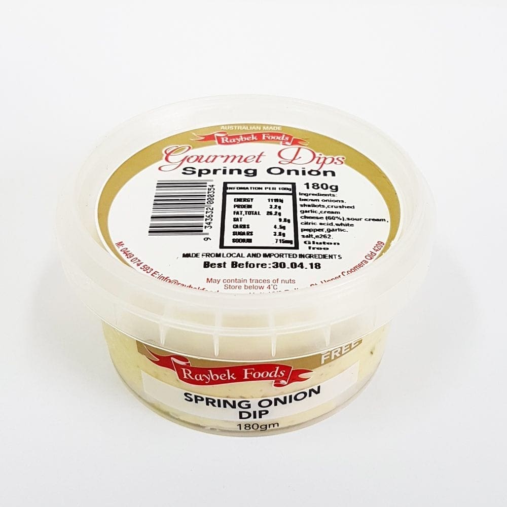 Raybek Foods 180g Spring Onion Dip, labeled "Australian Made", best before 30.04.18.