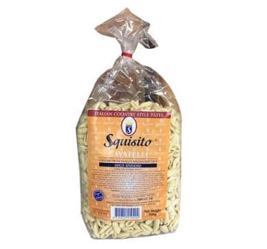 Bag of Squisito Cavatelli pasta in clear packaging with red tie and detailed label.