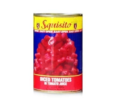 Squisito diced tomatoes in juice can, blue/red label, 400g, easy-open feature.