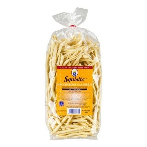 Plastic bag of Squisito Maccheroni Calabresi pasta with red label band.