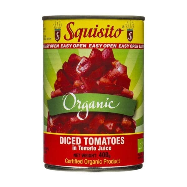 Squisito organic diced tomatoes can, 400g in juice, easy-open, certified organic.