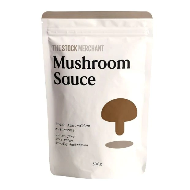The Stock Merchant Mushroom Sauce, 300g pack with brown mushroom graphic.