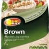 Package of SunRice Brown Australian Long Grain Rice, 1 kg, gluten-free, serving suggestion shown.