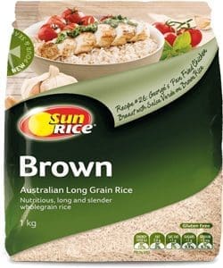Package of SunRice Brown Australian Long Grain Rice, 1 kg, gluten-free, serving suggestion shown.