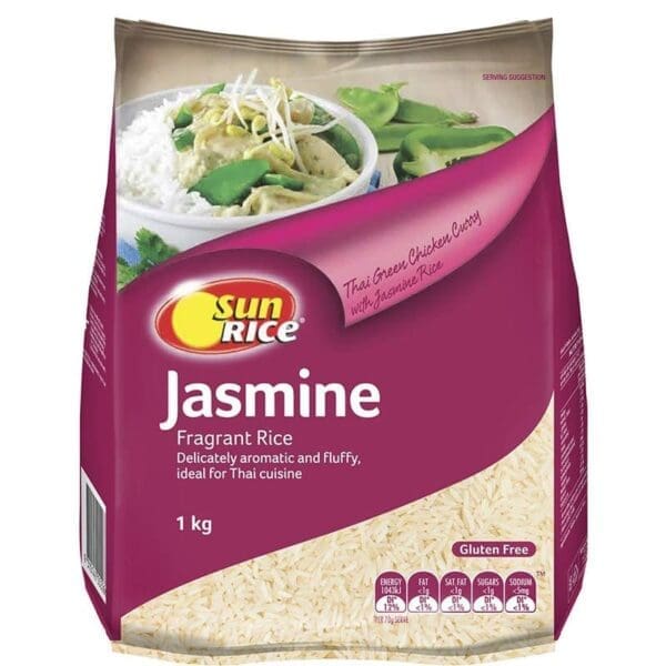 SunRice Jasmine Rice package, 1 kg, aromatic, fluffy, gluten-free, ideal for Thai dishes.