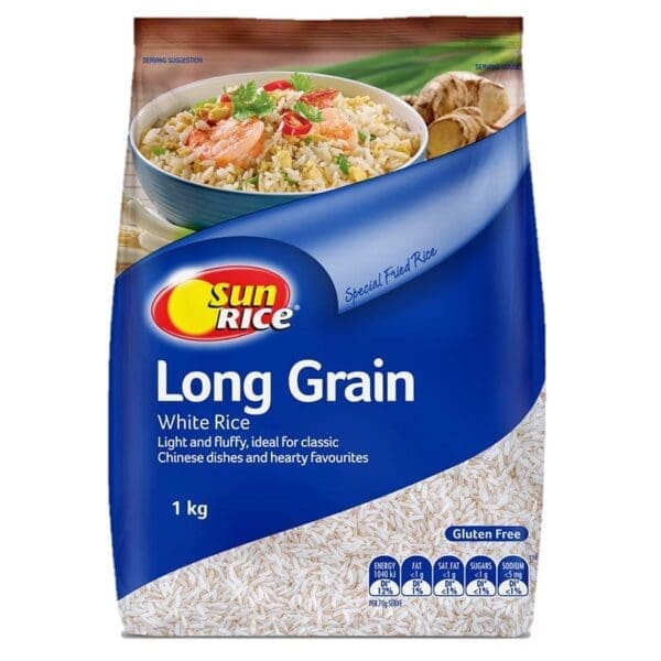 1 kg SunRice Long Grain White Rice package, gluten-free, serving suggestion with fried rice.