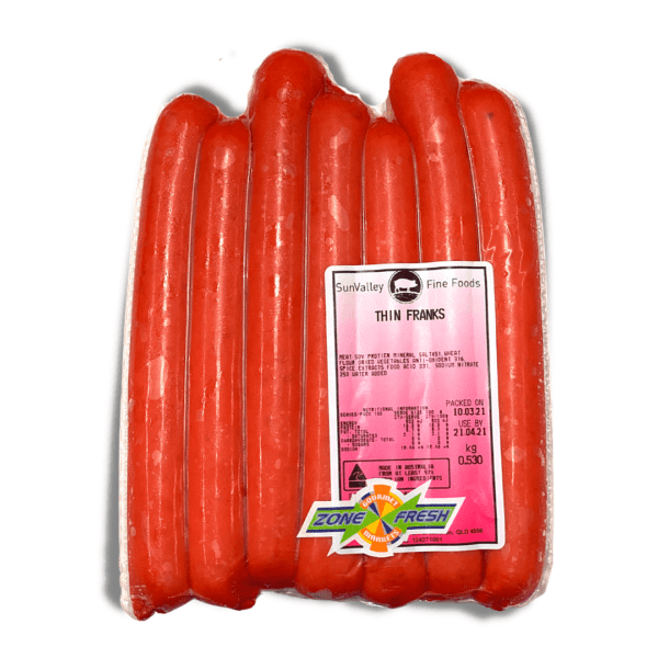 Package of SunValley Thin Franks, 0.530 kg, contains multiple red sausages, made in Australia.