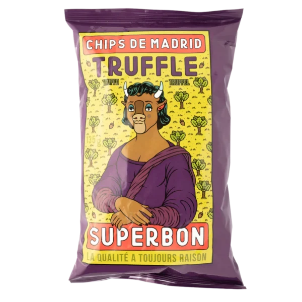 Packet of purple "Chips de Madrid Truffle Superbon" with whimsical figure design.