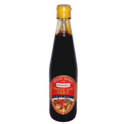 Glass bottle with yellow cap containing sweet soy sauce, red and gold label with dish imagery.