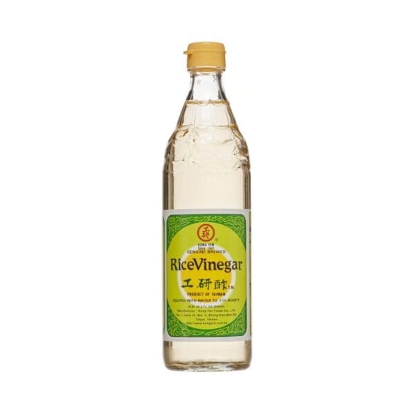 Clear glass bottle with yellow cap containing Taiwanese rice vinegar, green and yellow label.