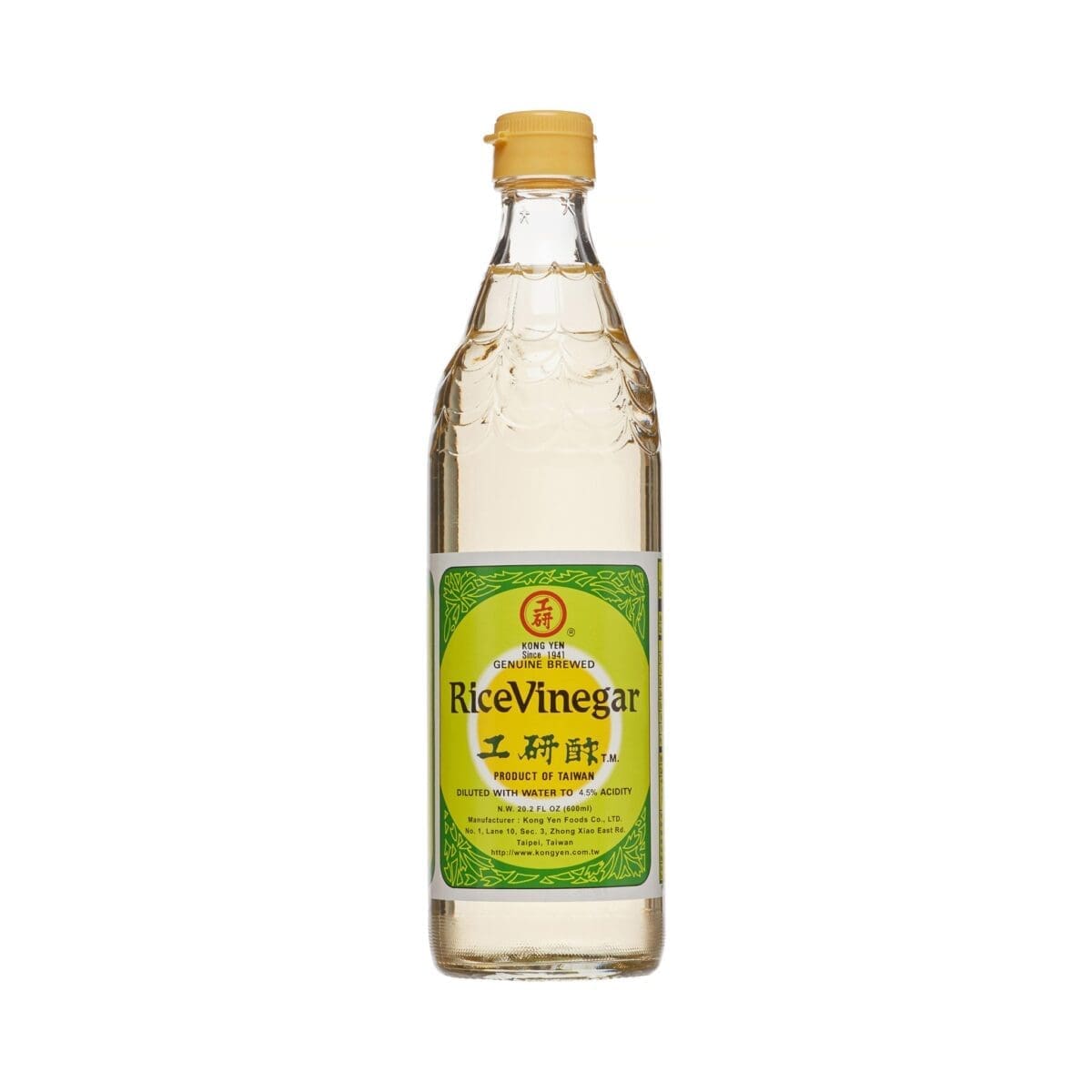 Clear glass bottle with yellow cap containing Taiwanese rice vinegar, green and yellow label.