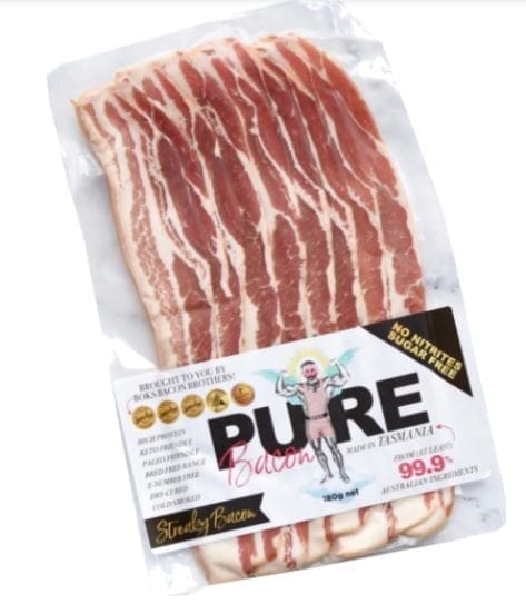 Package of Tasmania-made sliced bacon, 99.9% nitrate and sugar-free, with high protein content.