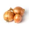 Three whole brown onions on a white background.