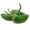 Three green jalapeño peppers stacked on a white background.