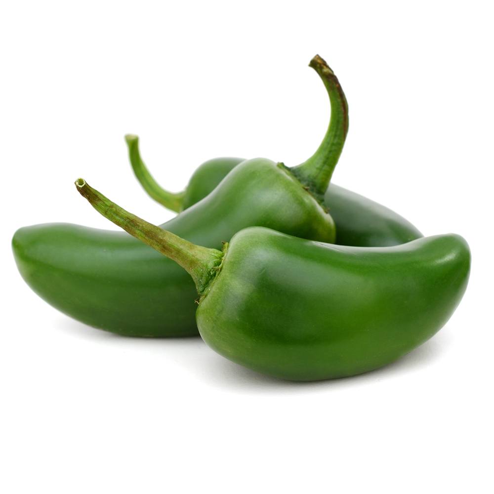 Three green jalapeño peppers stacked on a white background.