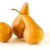 Three yellow-brown pears on a white background, smooth texture, one with visible stem.