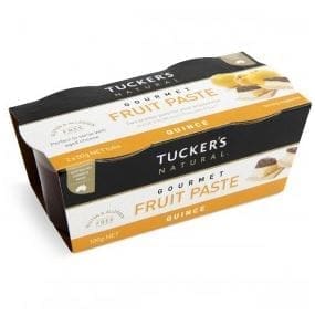 Tucker's Natural Gourmet Fruit Paste quince flavor package, black and orange, 100g.