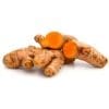 Turmeric roots with rough brown skin and vibrant orange interior, some cut to show inside.
