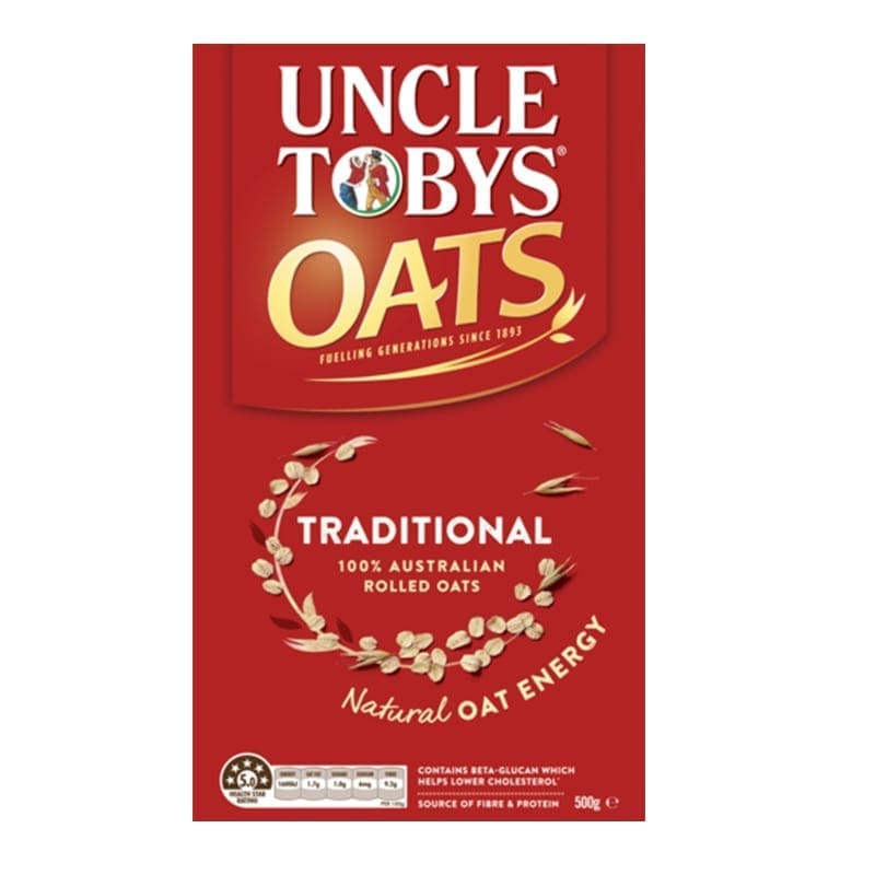Uncle Tobys Traditional Oats pack, 100% Australian, 500g, boosts energy, has fiber and protein.