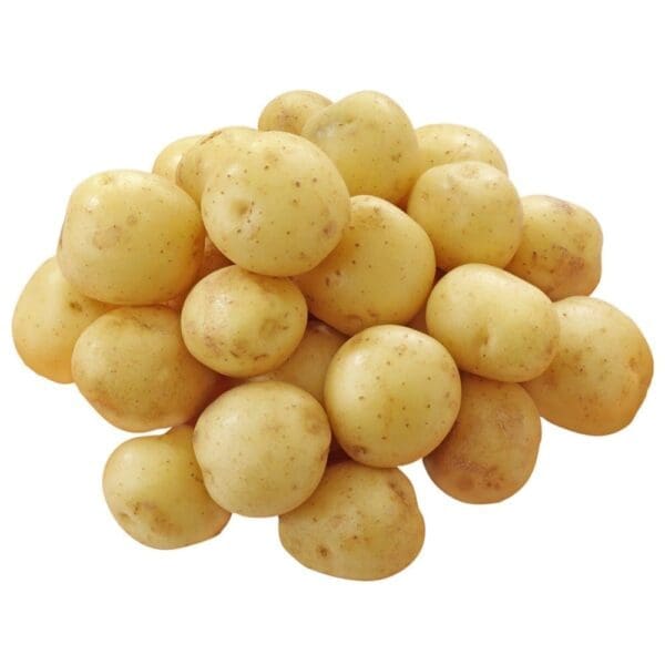 Pile of unpeeled light brown potatoes on a white background.