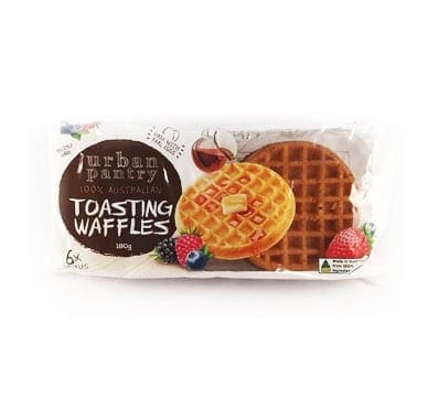 Urban Pantry Toasting Waffles package with syrup, butter, berries; contains six, 180g.