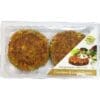 Plastic tray with two vegan, gluten-free chickpea and lentil burgers, labeled allergen-friendly.
