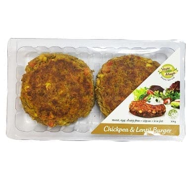 Plastic tray with two vegan, gluten-free chickpea and lentil burgers, labeled allergen-friendly.