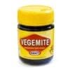 Jar of Vegemite, yellow lid, label with Kraft logo, made in Australia.