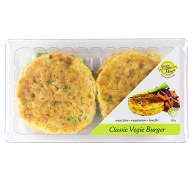 Plastic pack with two Vegie Magic veggie patties and "Classic Vegie Burger" label.