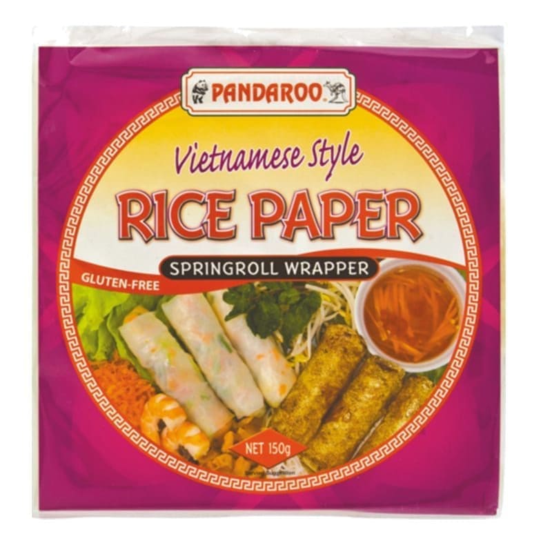 Vietnamese rice paper package, spring roll wrappers, gluten-free, 150g, with images of rolls.
