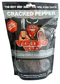 Beef jerky package labeled "Cracked Pepper" by Viking Jerky, features cartoon Viking.