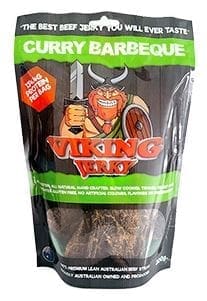 Viking Jerky package, curry barbeque flavor, 200g lean Australian beef, no artificial additives.