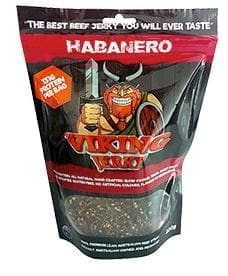 Viking Jerky packaging showing a cartoon Viking, Habanero flavor, gluten-free, transparent bottom.