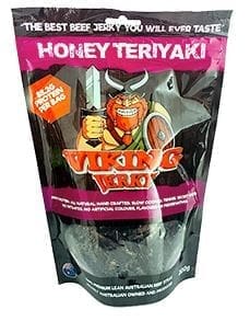 Viking Jerky Honey Teriyaki, 200g pack, cartoon Viking, premium Australian beef, no additives.