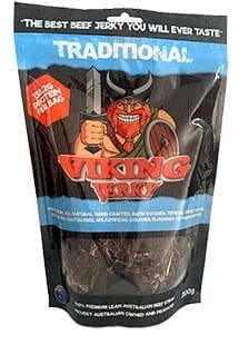 Viking Jerky package with cartoon Viking, Traditional flavor, gluten-free, Australian made.
