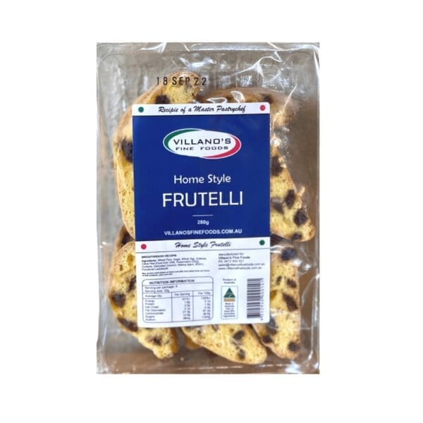 Packaged 280g Villano's Fine Foods "Home Style Frutelli," with visible nutritional info.