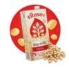 Vitasoy Original Soy Milk carton with red circular background and scattered soybeans.
